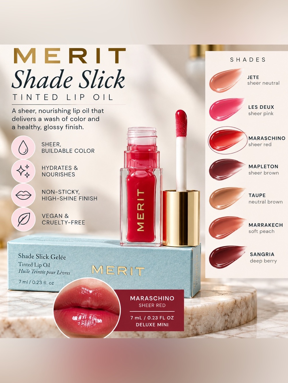 MERIT Shade Slick Gelée Tinted Lip Oil Maraschino Sheer Red Deluxe Mini